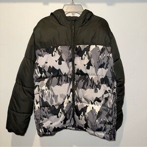 Old Navy Zip Up Puffer Jacket Hooded Black White Camouflage Outdoor Boys 14/16